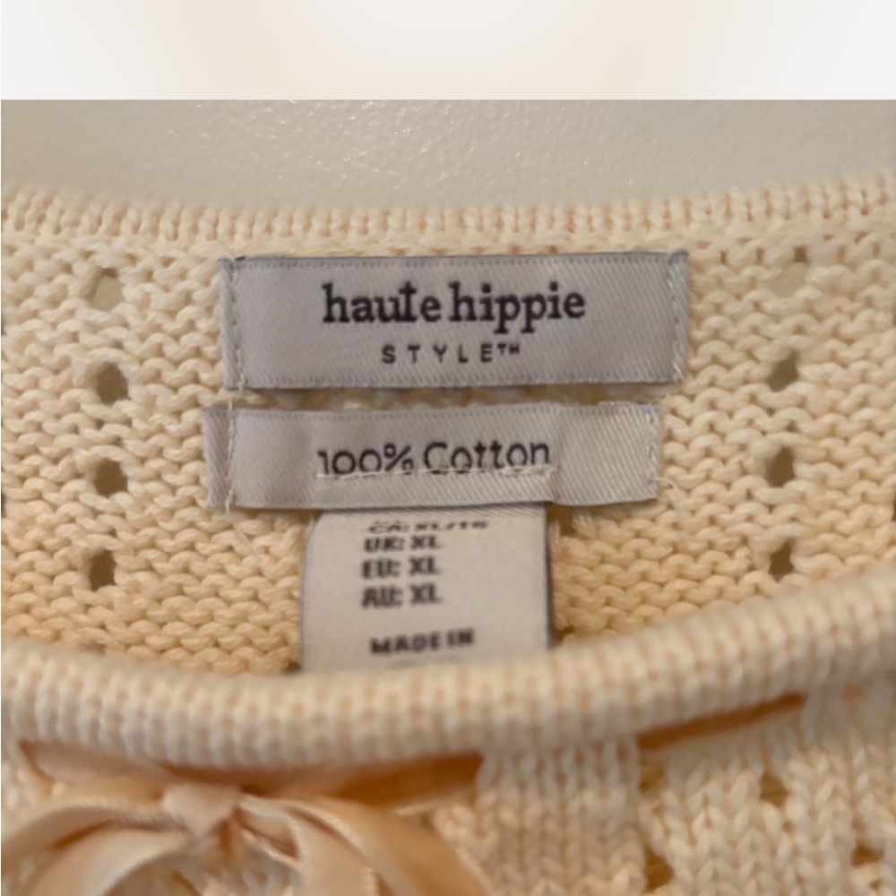 NWT Haute Hippie Cream Knit Puff Sleeve Top Cotton Boho Chic Cropped Size XL - Picture 4 of 6